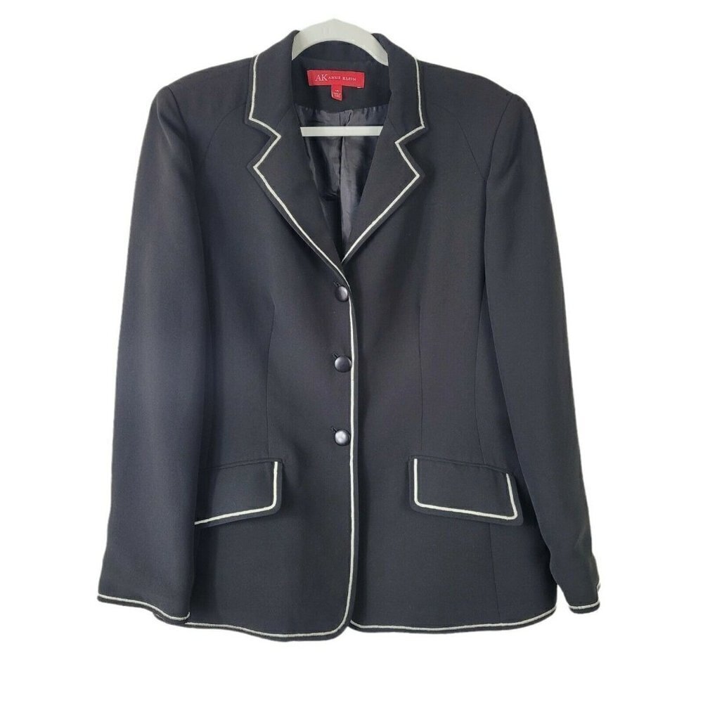 Vtg Anne Klein Classic Blazer Black W/ White Embroidered Trim Sz 14 Hong Kong